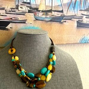 VINTAGE SILPADA TURQUOISE TIGER EYES CALCITE STERLING SILVER! 3 STRAND NECKLACE